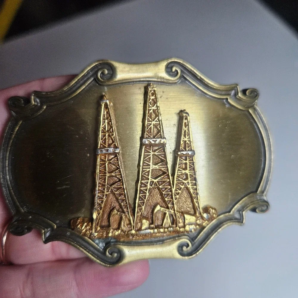 Vintage 1978 RainTree Oil Derrick Belt Buckle Brass Tone Western Industrial